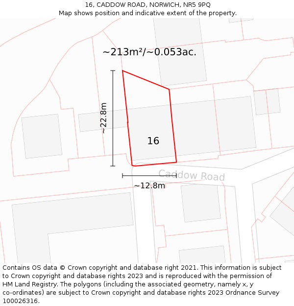 16, CADDOW ROAD, NORWICH, NR5 9PQ: Plot and title map