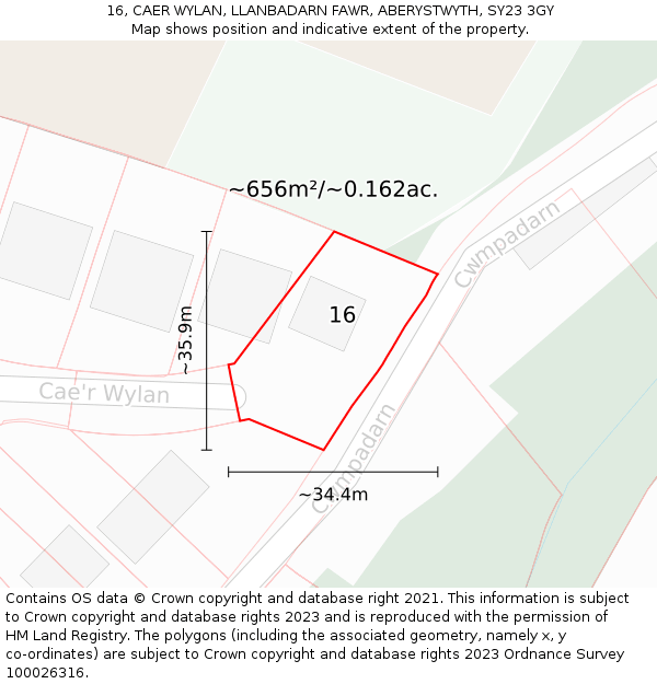 16, CAER WYLAN, LLANBADARN FAWR, ABERYSTWYTH, SY23 3GY: Plot and title map