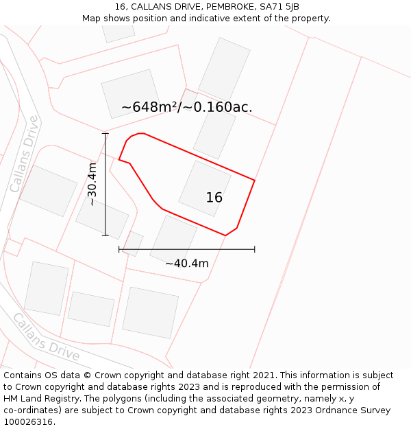 16, CALLANS DRIVE, PEMBROKE, SA71 5JB: Plot and title map