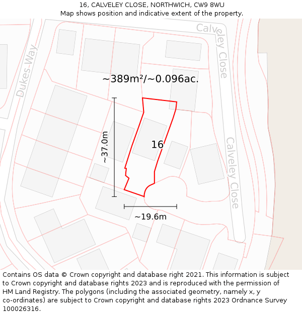 16, CALVELEY CLOSE, NORTHWICH, CW9 8WU: Plot and title map