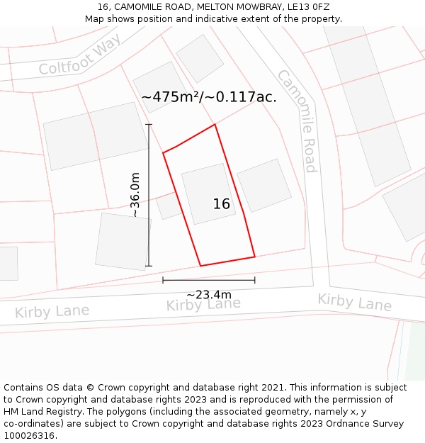 16, CAMOMILE ROAD, MELTON MOWBRAY, LE13 0FZ: Plot and title map