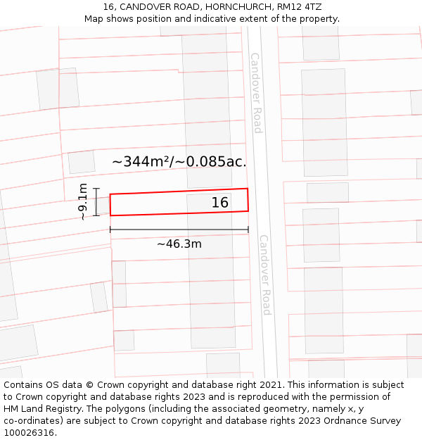 16, CANDOVER ROAD, HORNCHURCH, RM12 4TZ: Plot and title map