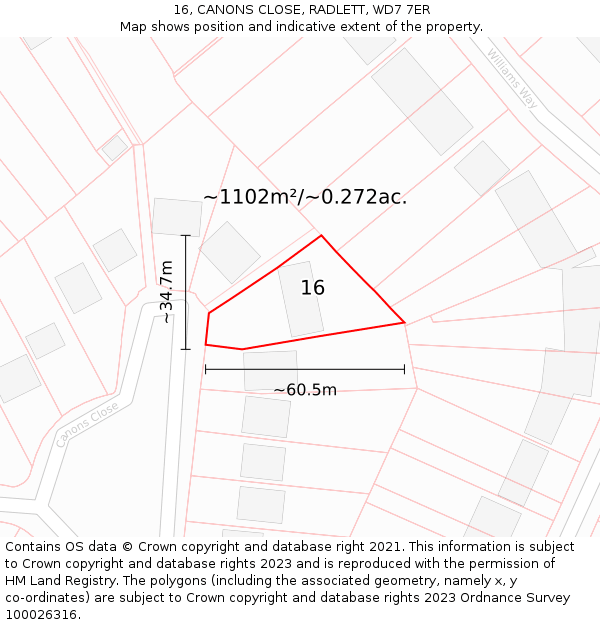 16, CANONS CLOSE, RADLETT, WD7 7ER: Plot and title map