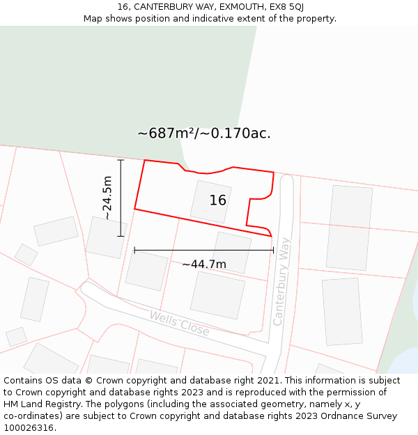 16, CANTERBURY WAY, EXMOUTH, EX8 5QJ: Plot and title map