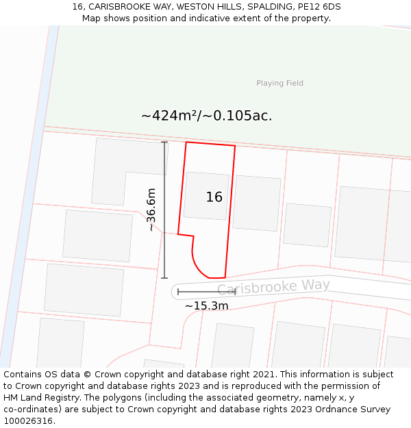 16, CARISBROOKE WAY, WESTON HILLS, SPALDING, PE12 6DS: Plot and title map