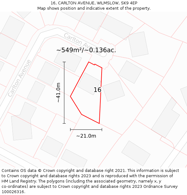 16, CARLTON AVENUE, WILMSLOW, SK9 4EP: Plot and title map