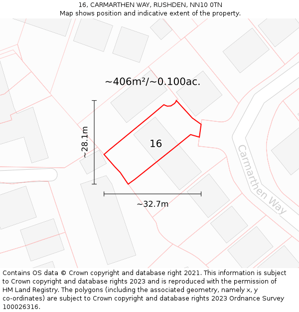 16, CARMARTHEN WAY, RUSHDEN, NN10 0TN: Plot and title map