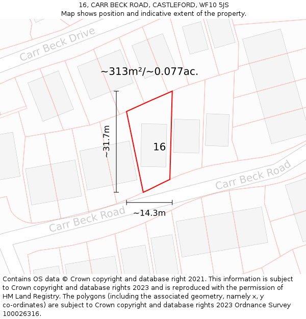 16, CARR BECK ROAD, CASTLEFORD, WF10 5JS: Plot and title map