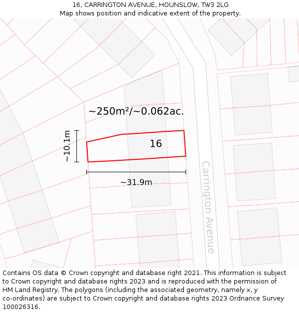 16, CARRINGTON AVENUE, HOUNSLOW, TW3 2LG: Plot and title map