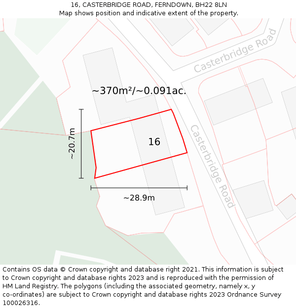 16, CASTERBRIDGE ROAD, FERNDOWN, BH22 8LN: Plot and title map