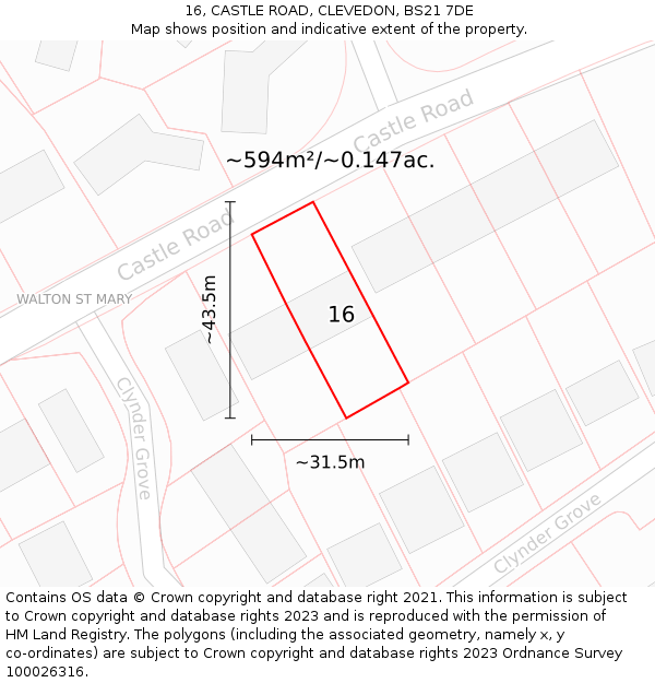 16, CASTLE ROAD, CLEVEDON, BS21 7DE: Plot and title map