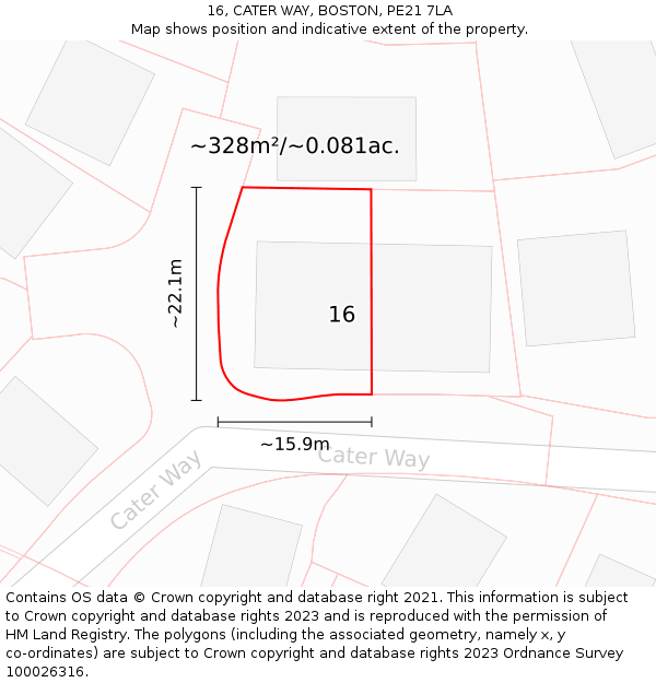 16, CATER WAY, BOSTON, PE21 7LA: Plot and title map