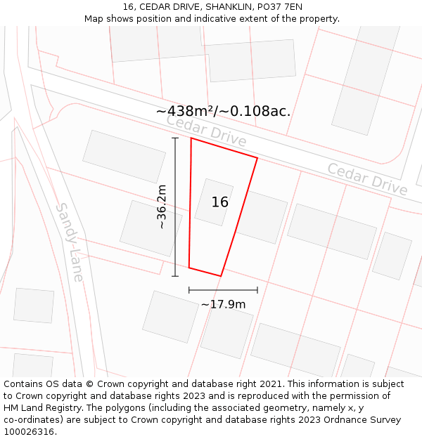 16, CEDAR DRIVE, SHANKLIN, PO37 7EN: Plot and title map