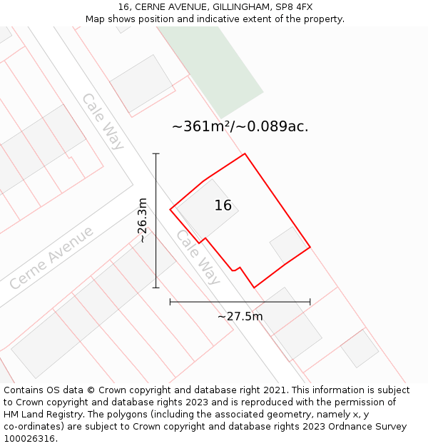 16, CERNE AVENUE, GILLINGHAM, SP8 4FX: Plot and title map