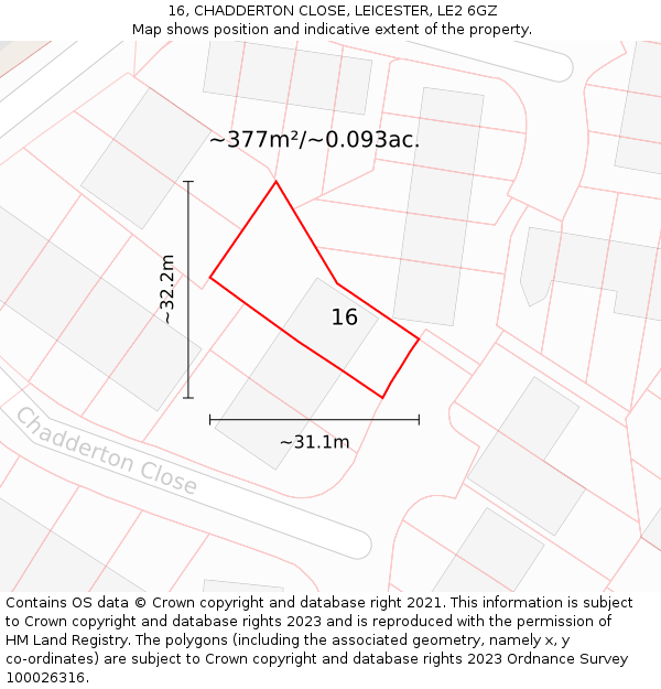 16, CHADDERTON CLOSE, LEICESTER, LE2 6GZ: Plot and title map