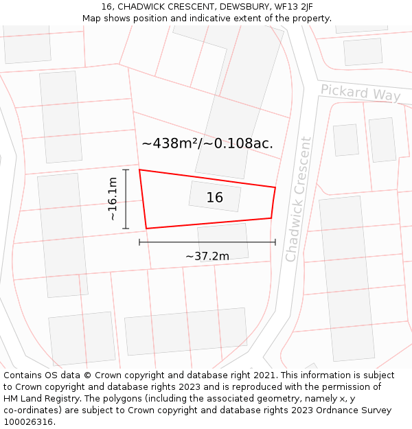 16, CHADWICK CRESCENT, DEWSBURY, WF13 2JF: Plot and title map