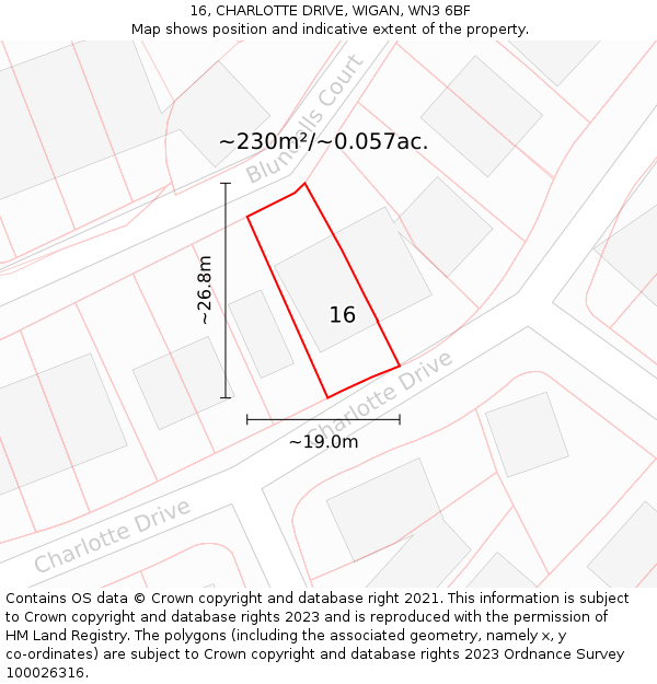 16, CHARLOTTE DRIVE, WIGAN, WN3 6BF: Plot and title map