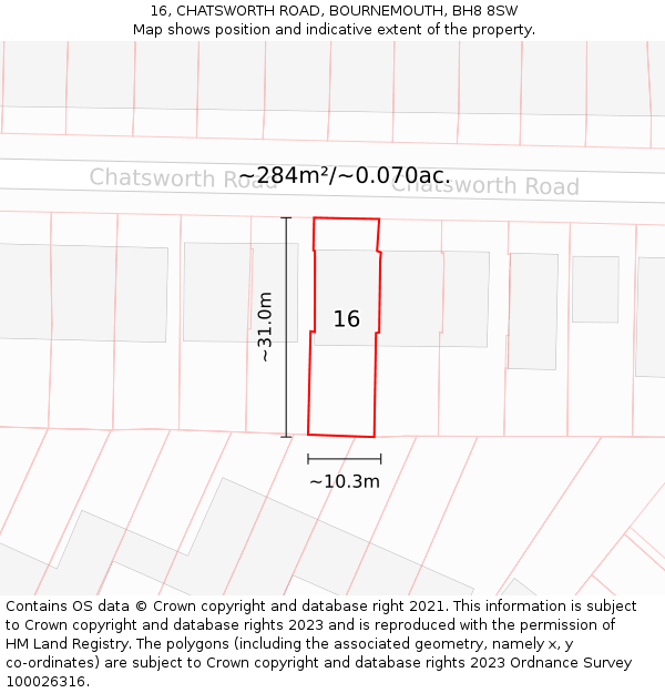 16, CHATSWORTH ROAD, BOURNEMOUTH, BH8 8SW: Plot and title map