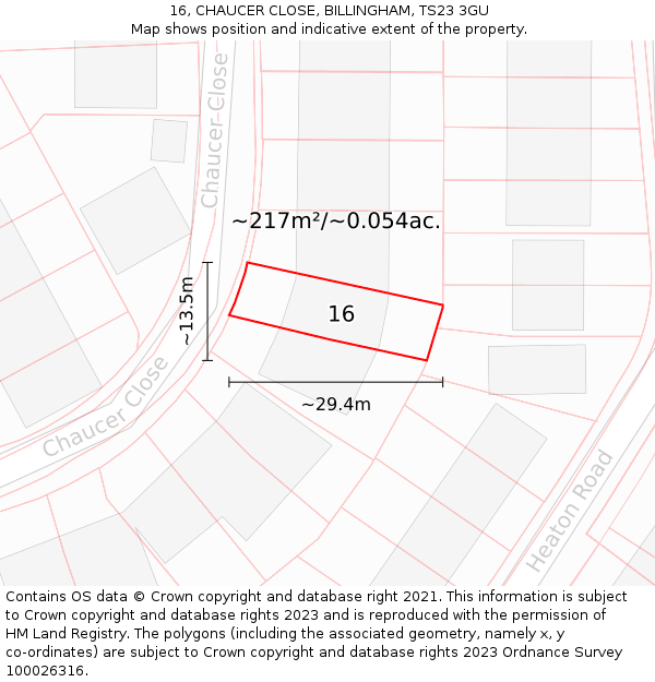 16, CHAUCER CLOSE, BILLINGHAM, TS23 3GU: Plot and title map