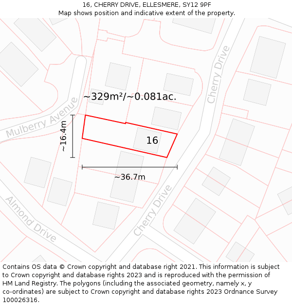 16, CHERRY DRIVE, ELLESMERE, SY12 9PF: Plot and title map