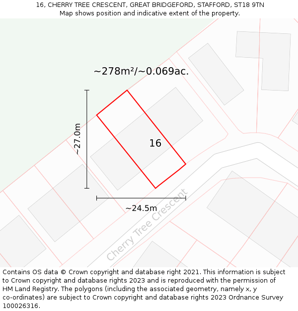16, CHERRY TREE CRESCENT, GREAT BRIDGEFORD, STAFFORD, ST18 9TN: Plot and title map