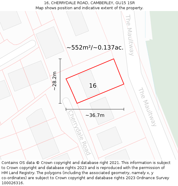 16, CHERRYDALE ROAD, CAMBERLEY, GU15 1SR: Plot and title map