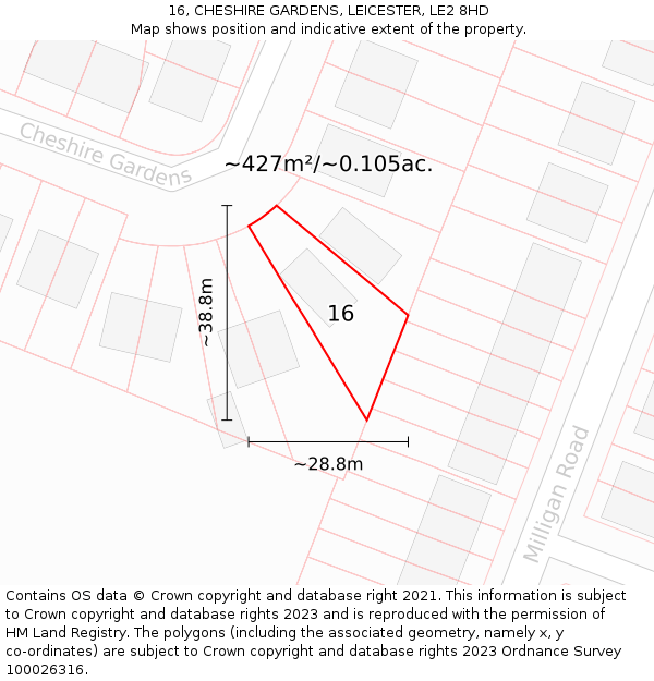 16, CHESHIRE GARDENS, LEICESTER, LE2 8HD: Plot and title map