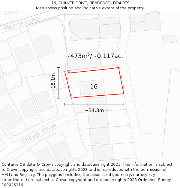 16, CHILVER DRIVE, BRADFORD, BD4 0TS: Plot and title map