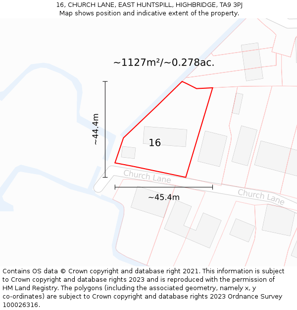 16, CHURCH LANE, EAST HUNTSPILL, HIGHBRIDGE, TA9 3PJ: Plot and title map