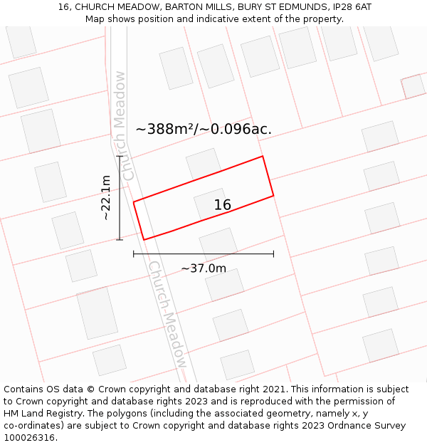 16, CHURCH MEADOW, BARTON MILLS, BURY ST EDMUNDS, IP28 6AT: Plot and title map