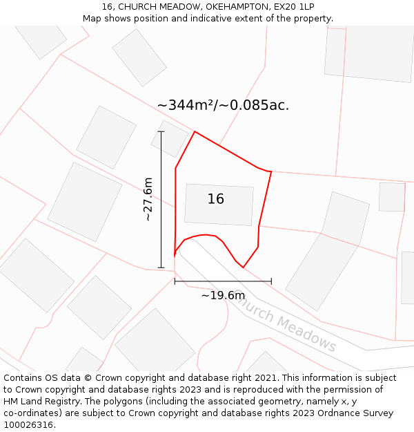 16, CHURCH MEADOW, OKEHAMPTON, EX20 1LP: Plot and title map