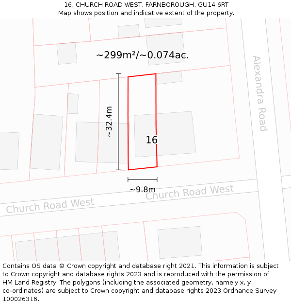 16, CHURCH ROAD WEST, FARNBOROUGH, GU14 6RT: Plot and title map