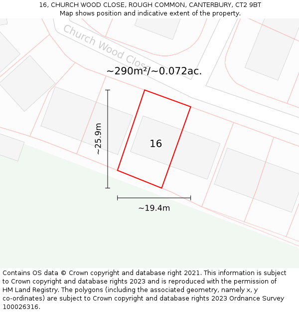 16, CHURCH WOOD CLOSE, ROUGH COMMON, CANTERBURY, CT2 9BT: Plot and title map