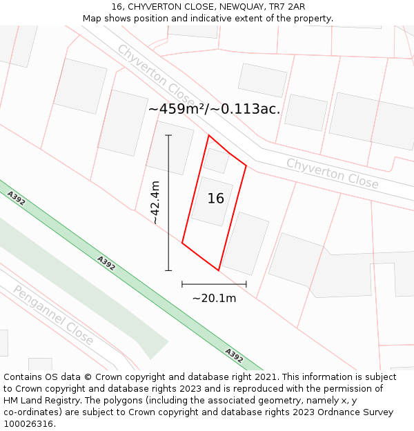 16, CHYVERTON CLOSE, NEWQUAY, TR7 2AR: Plot and title map