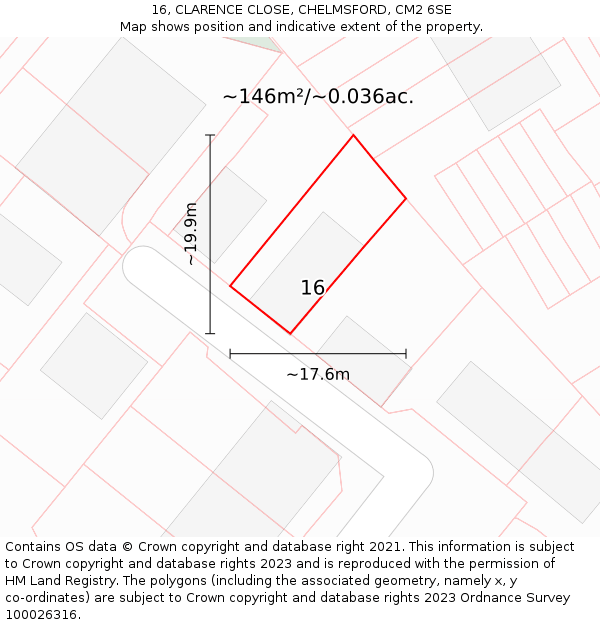 16, CLARENCE CLOSE, CHELMSFORD, CM2 6SE: Plot and title map