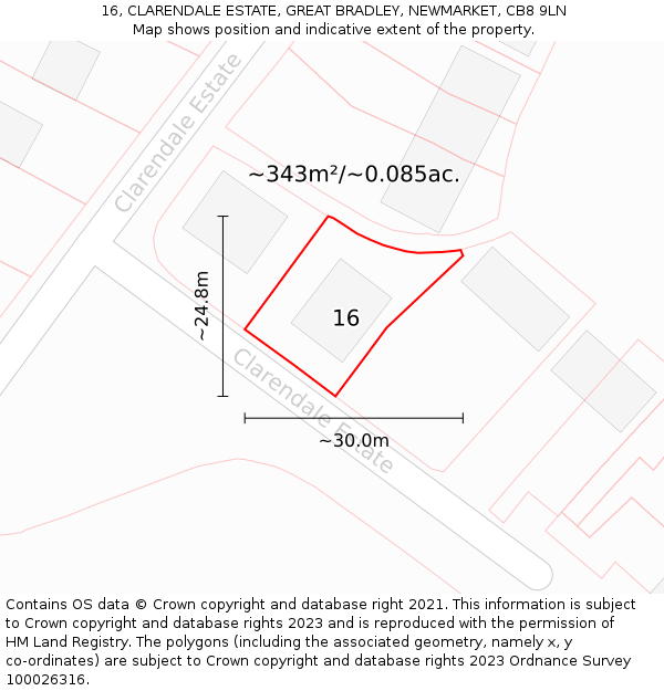 16, CLARENDALE ESTATE, GREAT BRADLEY, NEWMARKET, CB8 9LN: Plot and title map