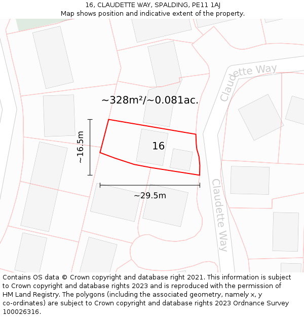 16, CLAUDETTE WAY, SPALDING, PE11 1AJ: Plot and title map