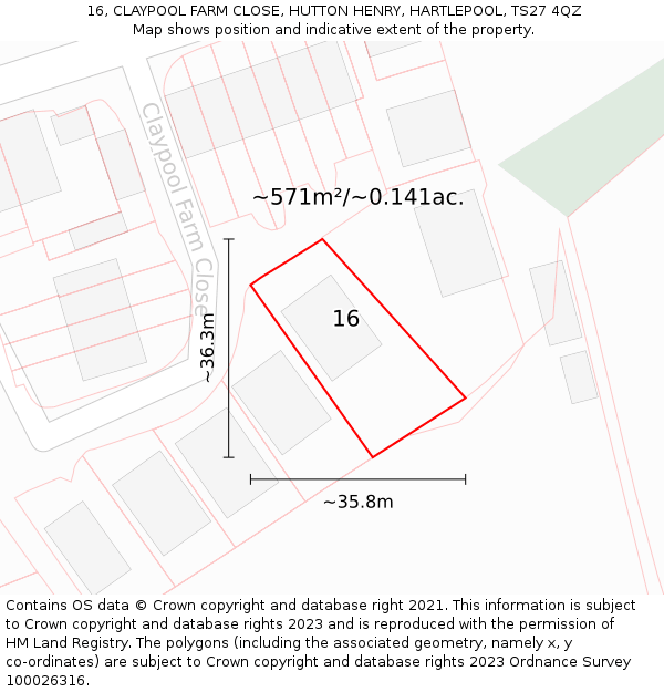 16, CLAYPOOL FARM CLOSE, HUTTON HENRY, HARTLEPOOL, TS27 4QZ: Plot and title map