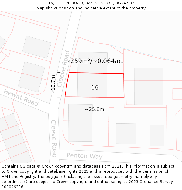 16, CLEEVE ROAD, BASINGSTOKE, RG24 9RZ: Plot and title map