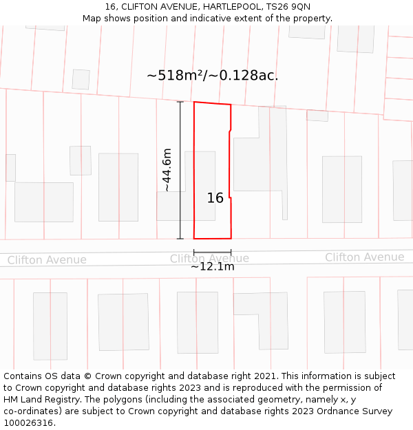 16, CLIFTON AVENUE, HARTLEPOOL, TS26 9QN: Plot and title map