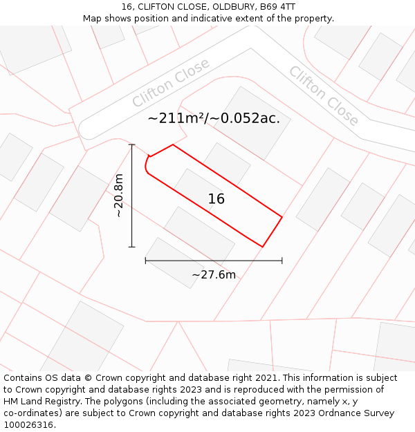 16, CLIFTON CLOSE, OLDBURY, B69 4TT: Plot and title map