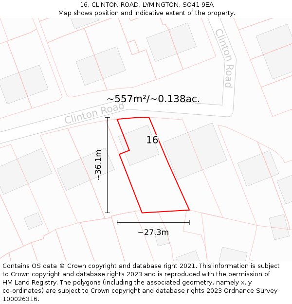 16, CLINTON ROAD, LYMINGTON, SO41 9EA: Plot and title map