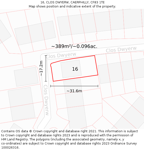 16, CLOS DWYERW, CAERPHILLY, CF83 1TE: Plot and title map