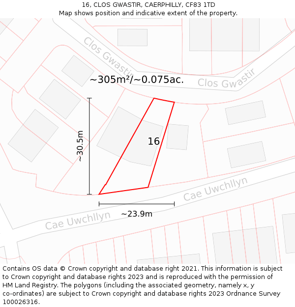 16, CLOS GWASTIR, CAERPHILLY, CF83 1TD: Plot and title map