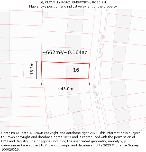 16, CLOVELLY ROAD, EMSWORTH, PO10 7HL: Plot and title map