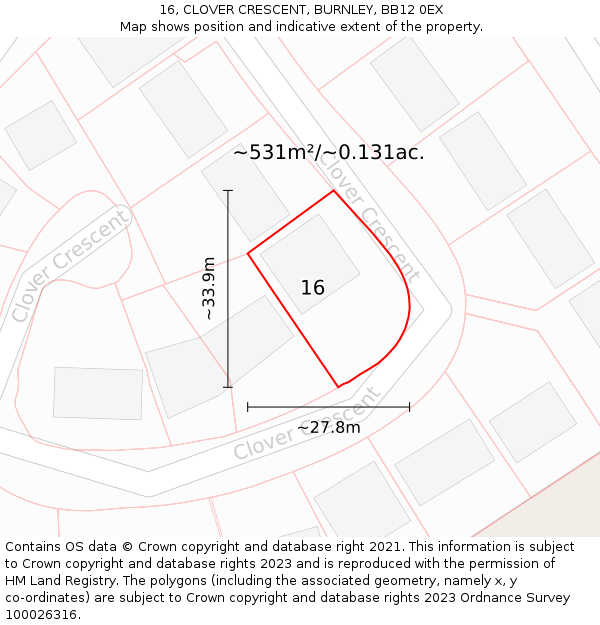 16, CLOVER CRESCENT, BURNLEY, BB12 0EX: Plot and title map