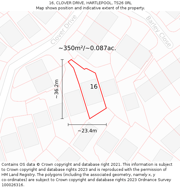 16, CLOVER DRIVE, HARTLEPOOL, TS26 0RL: Plot and title map