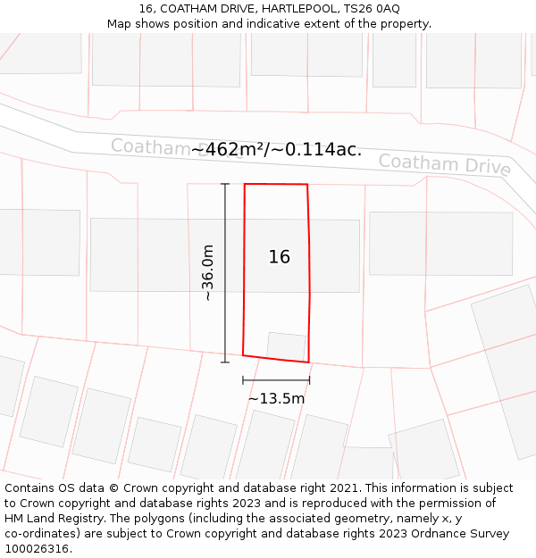 16, COATHAM DRIVE, HARTLEPOOL, TS26 0AQ: Plot and title map