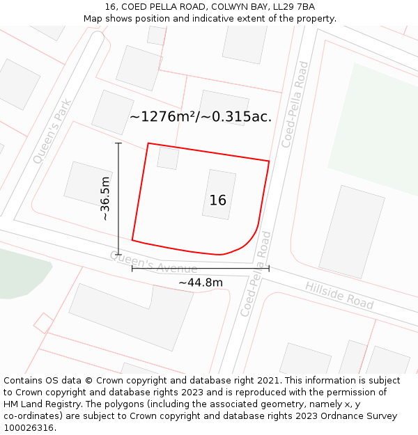 16, COED PELLA ROAD, COLWYN BAY, LL29 7BA: Plot and title map