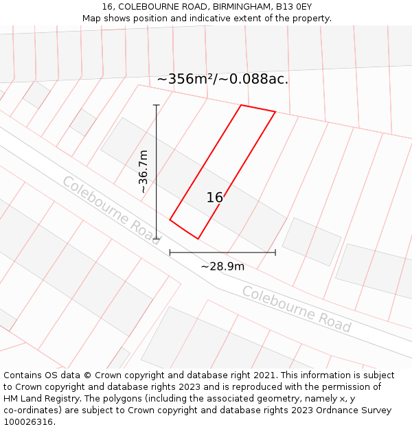 16, COLEBOURNE ROAD, BIRMINGHAM, B13 0EY: Plot and title map